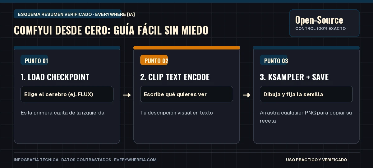 Esquema resumen en 3 pasos: ComfyUI desde Cero: Guía Fácil sin Miedo