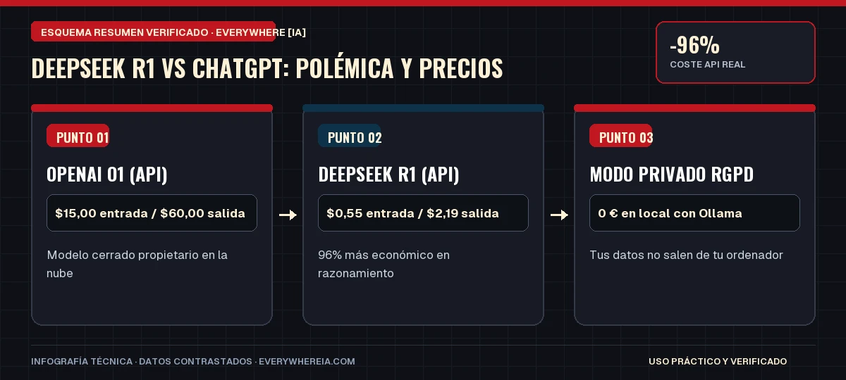 Esquema resumen en 3 pasos: DeepSeek R1 vs ChatGPT: Polémica y Precios