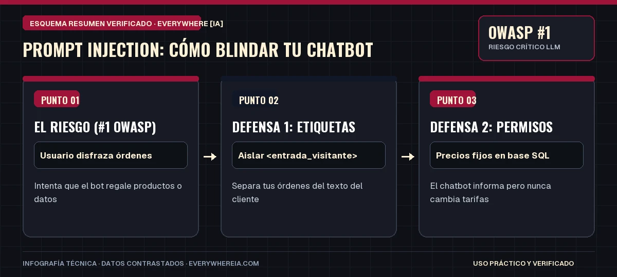 Esquema resumen en 3 pasos: Prompt Injection: Cómo Blindar tu Chatbot