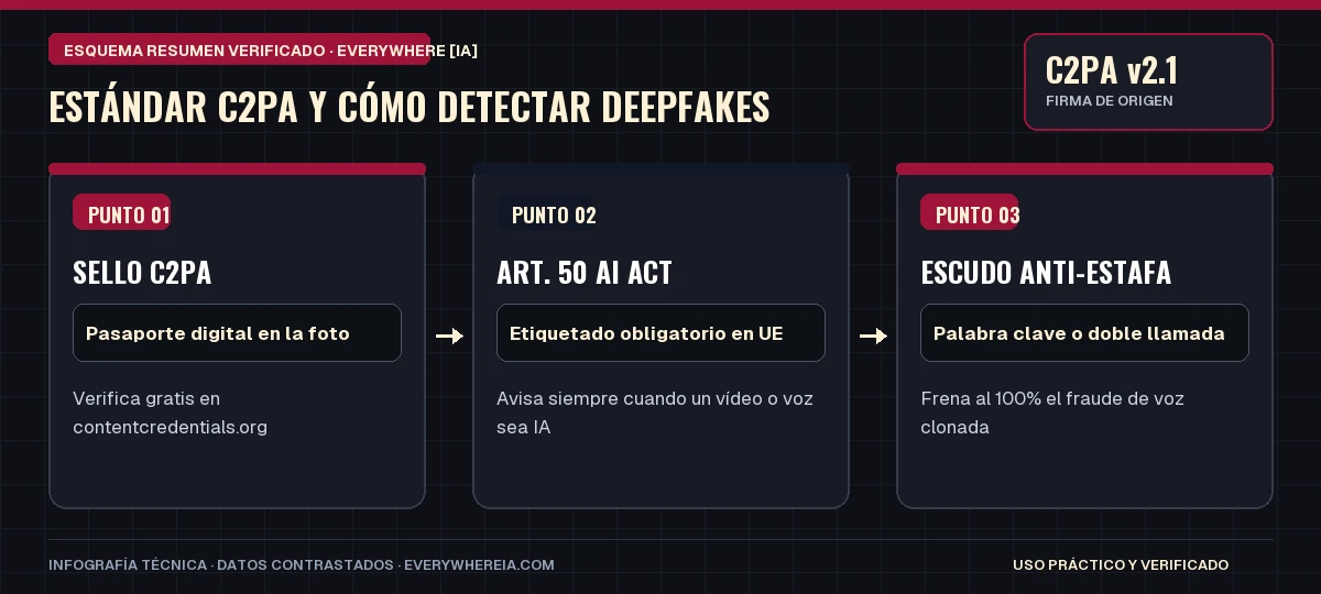 Esquema resumen en 3 pasos: Estándar C2PA y Cómo Detectar Deepfakes