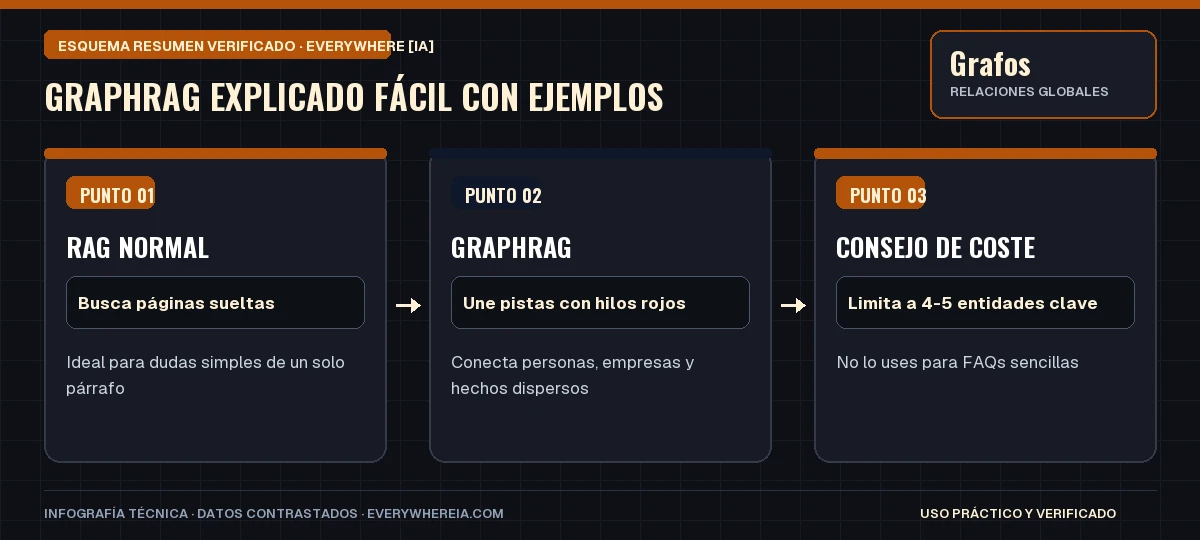 Esquema resumen en 3 pasos: GraphRAG Explicado Fácil con Ejemplos