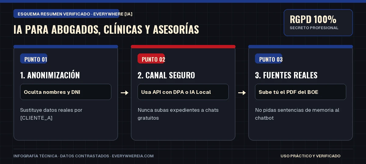 Esquema resumen en 3 pasos: IA para Abogados, Clínicas y Asesorías