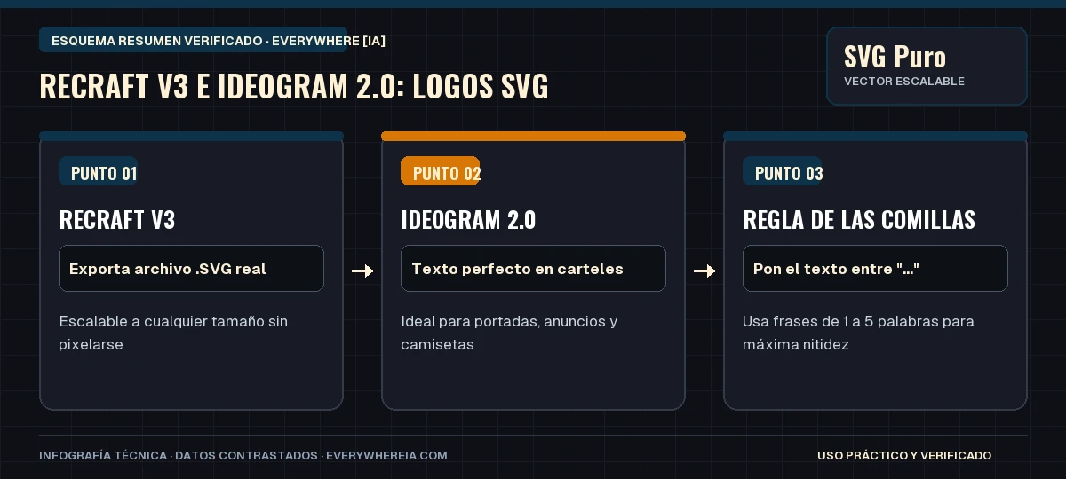 Esquema resumen en 3 pasos: Recraft V3 e Ideogram 2.0: Logos SVG
