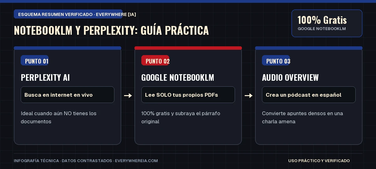 Esquema resumen en 3 pasos: NotebookLM y Perplexity: Guía Práctica