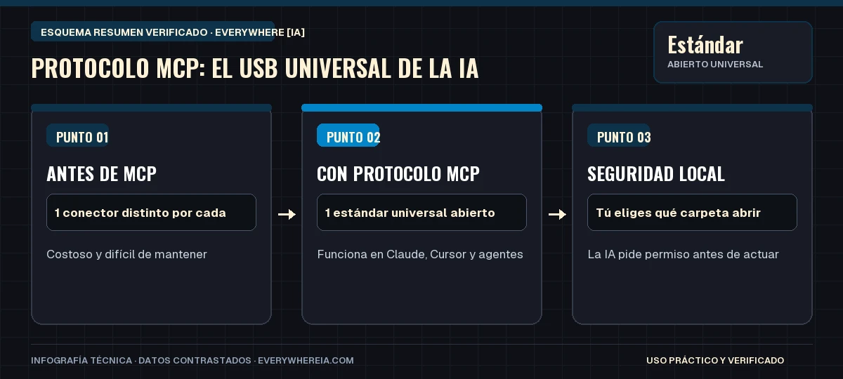 Esquema resumen en 3 pasos: Protocolo MCP: El USB Universal de la IA