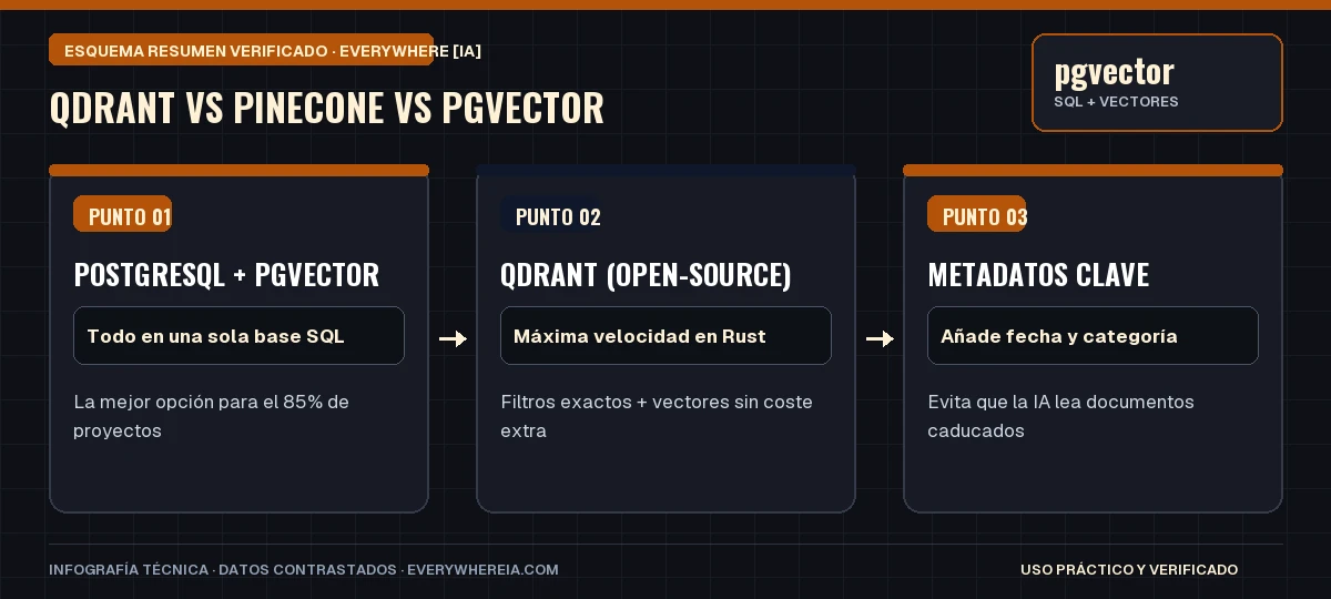 Esquema resumen en 3 pasos: Qdrant vs Pinecone vs pgvector