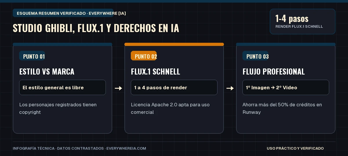 Esquema resumen en 3 pasos: Studio Ghibli, FLUX.1 y Derechos en IA